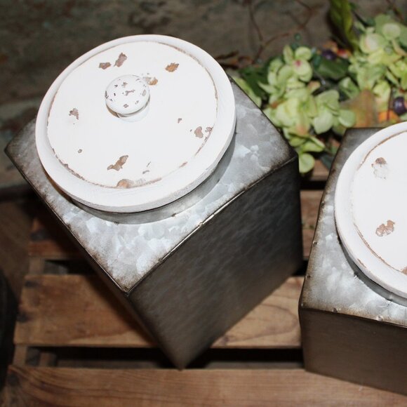NEW Pair of Galvanized Metal & Wood Farmhouse Storage Decor Canisters - Picture 4 of 6